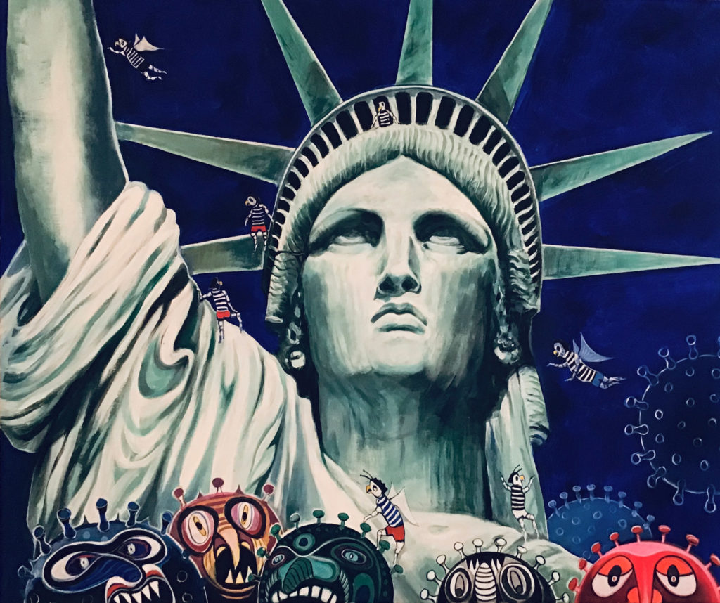 Creative artwork featuring virus characters playing around the Statue of Liberty in New York, offering a whimsical and imaginative take on the iconic landmark.