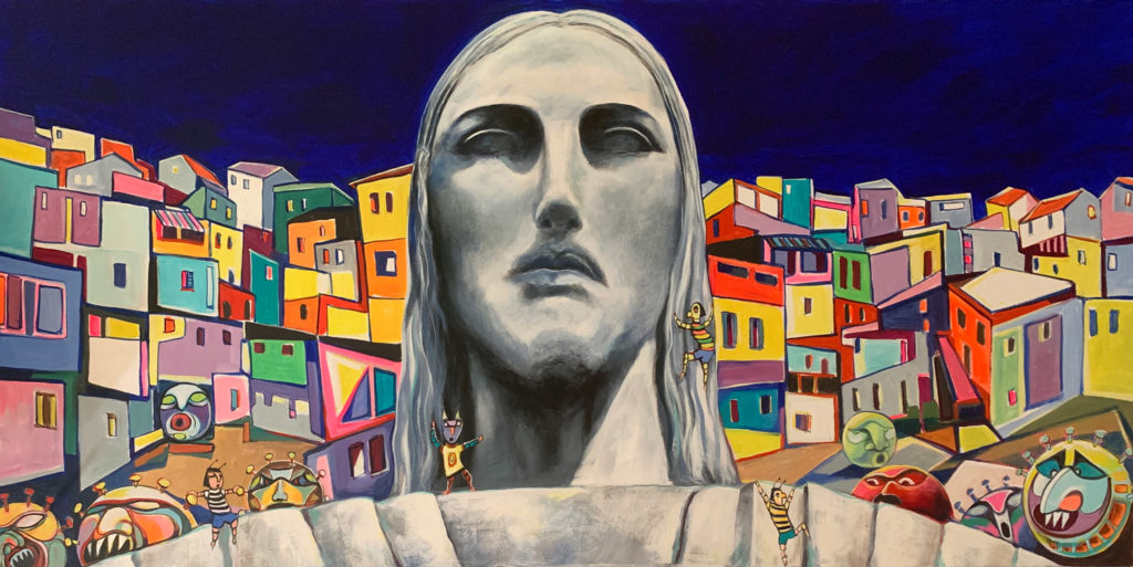 Playful virus-inspired art depicting the Cristo Redentor statue in Rio de Janeiro, Brazil.