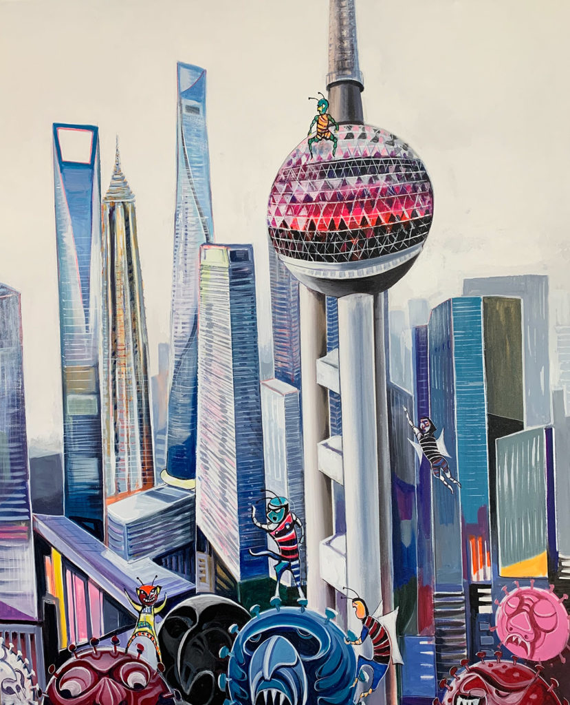 Virus-inspired art featuring playful virus characters jumping around Shanghai skyscrapers, adding a whimsical and creative perspective to the cityscape.