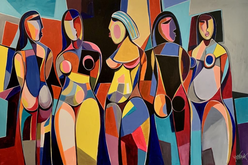 5 woman figures with colourful shapes in this modern cubism art. 
