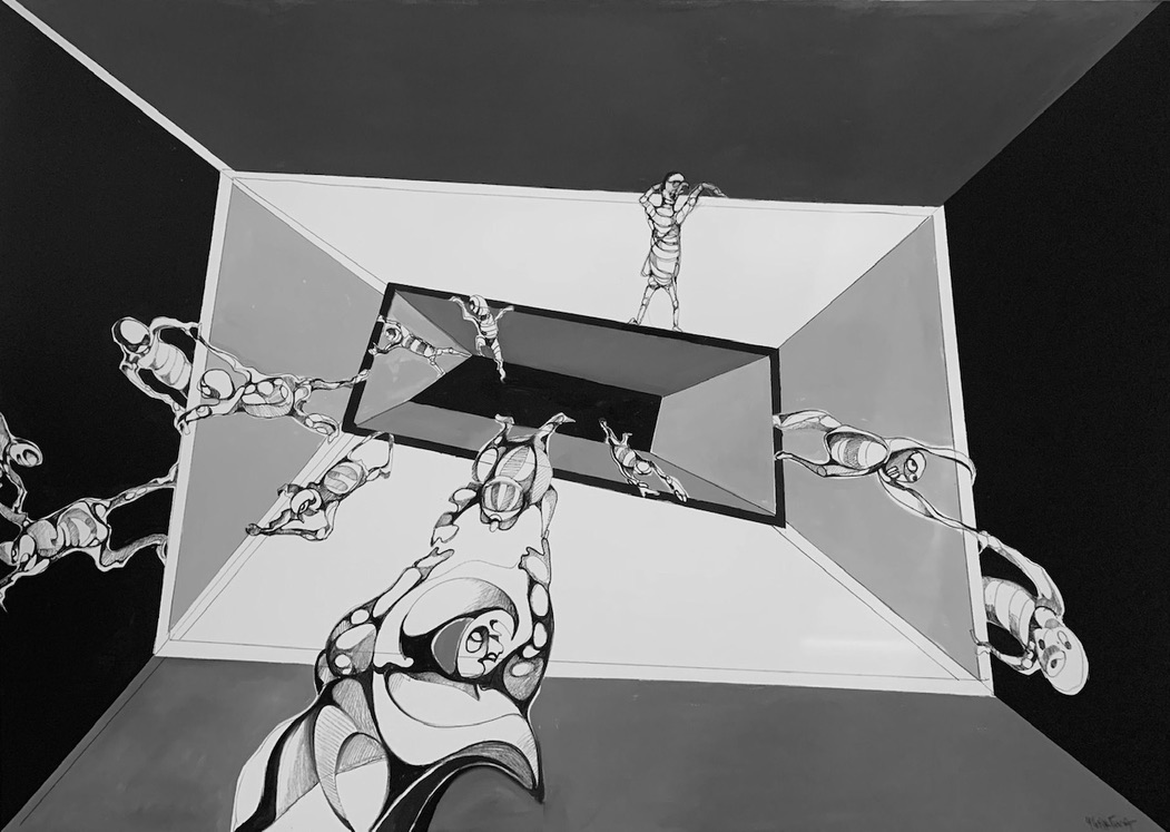 Dark surrealist art depicting the escape in black and white. 