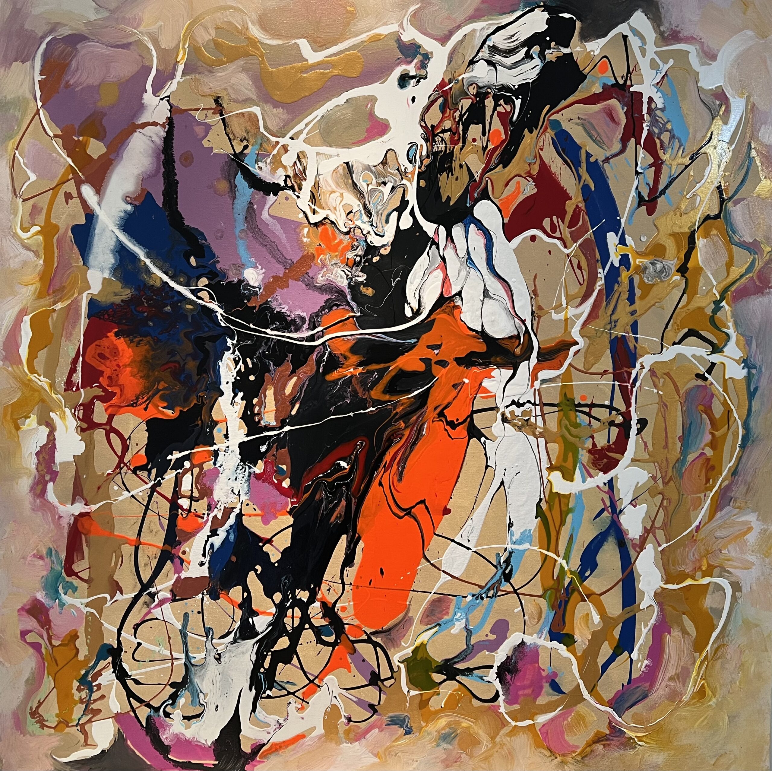 A vibrant abstract painting featuring large, fluid shapes in a lively and dynamic composition. The canvas bursts with an array of bold and colorful forms, capturing a sense of energetic movement and spontaneity. The vivid hues and flowing contours create a visually engaging experience that radiates a lively and expressive atmosphere.