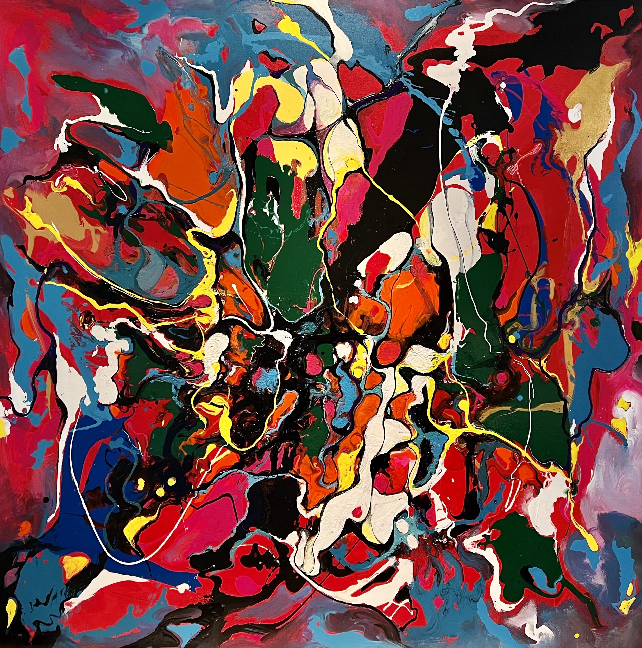 An electrifying abstract painting adorned with large, fluid shapes in a striking palette of reds, purples, pinks, and yellows. The dynamic movements of the colorful forms create a visually stimulating composition, radiating energy and vitality. The interplay of vibrant hues adds a sense of drama and excitement to this captivating artwork.