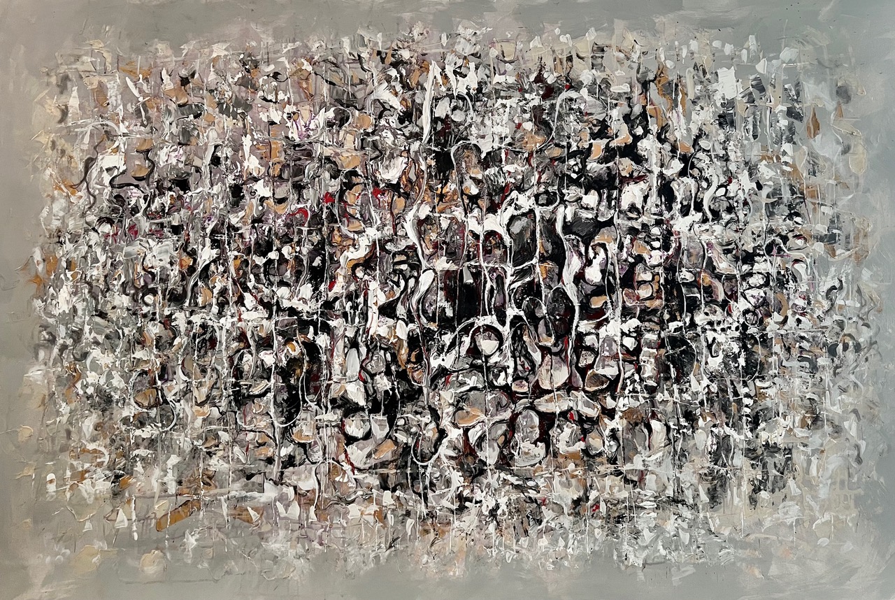 An organic abstract painting set against a dark grey background, where fluid and lighter shapes gracefully take center stage. The contrast between the subdued backdrop and the dynamic, organic forms creates a captivating visual experience, suggesting a harmonious dance between shadows and light within the artwork.