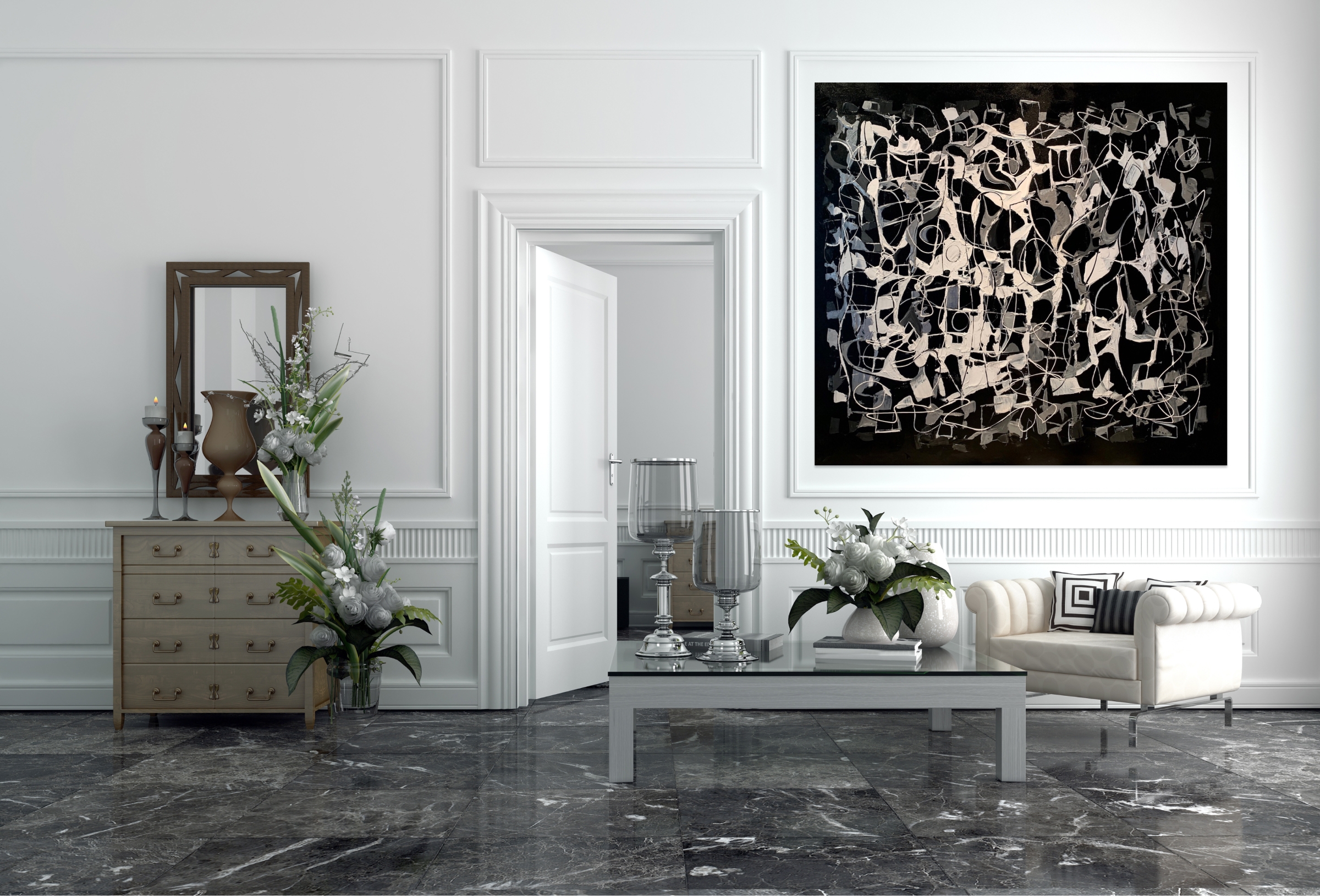 Traditional living room with a beautiful contemporary artwork. Visually dark <a href=