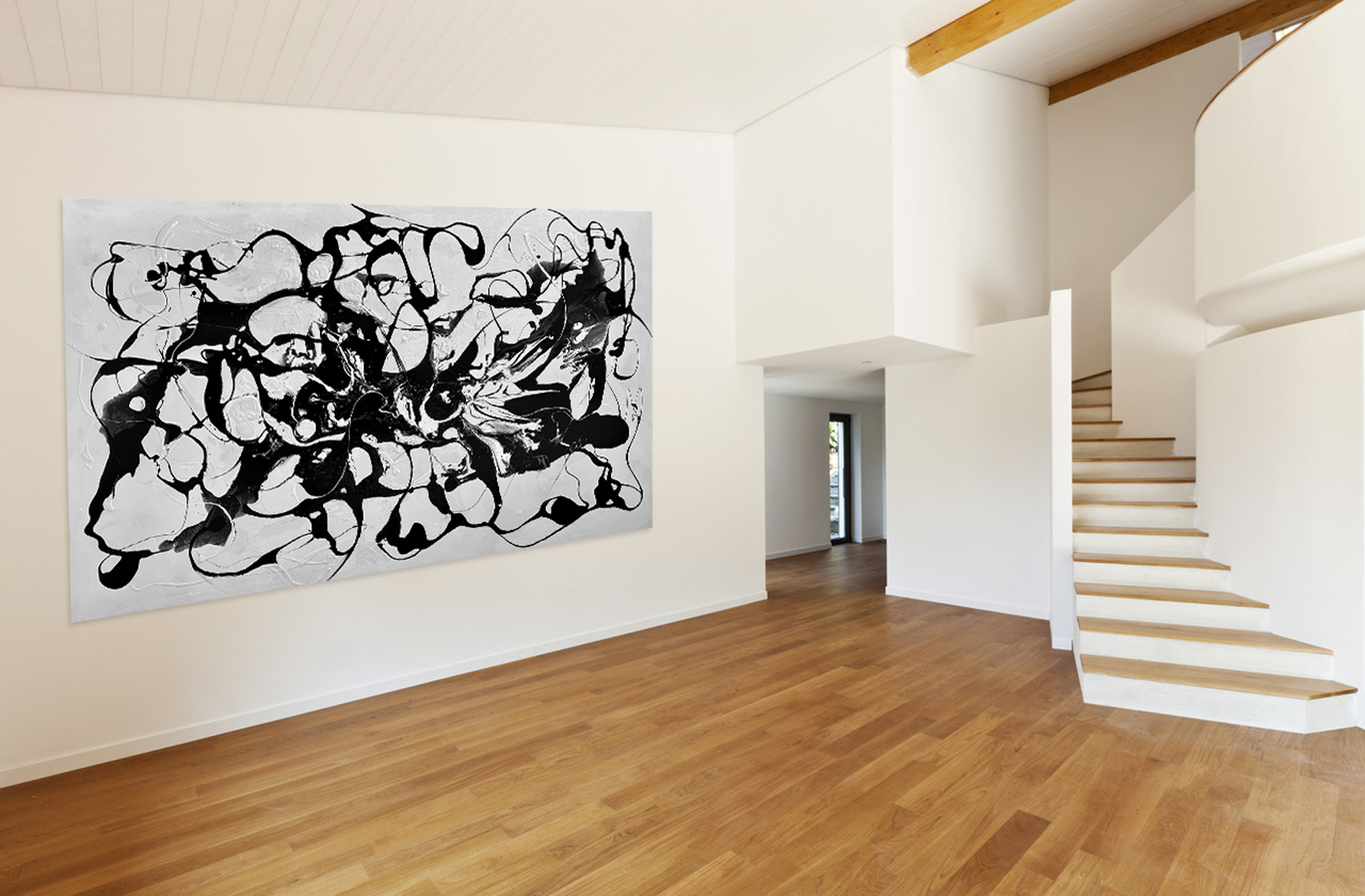 Large contemporary wall art in modern home. The painting is black and white creating space and minimalist.