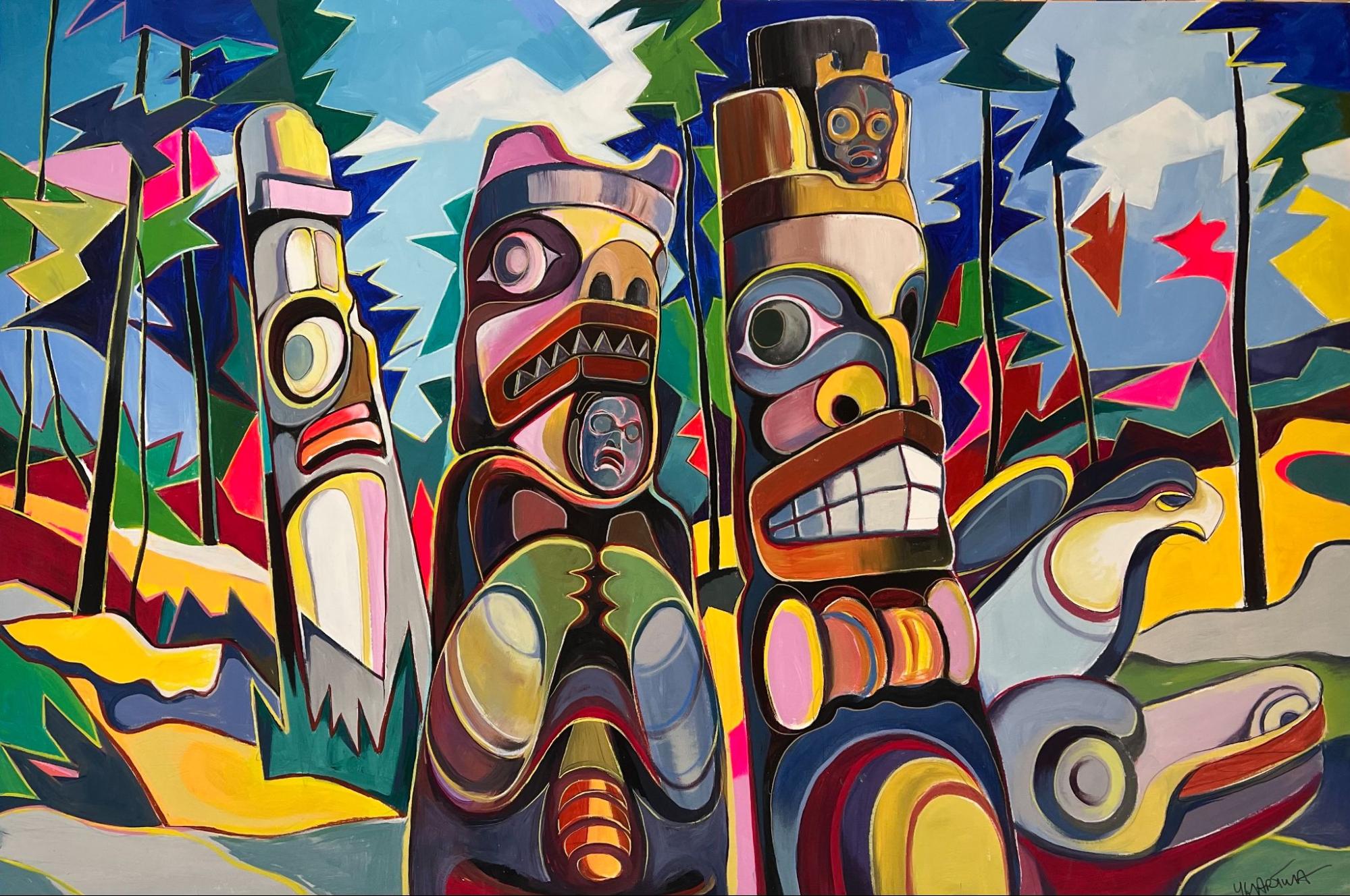 Painting of totem poles in vibrant colours. 