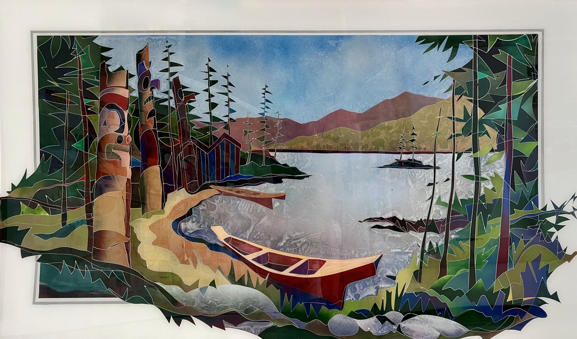 Plexiglass reverse painting depicting a west coast native village. 