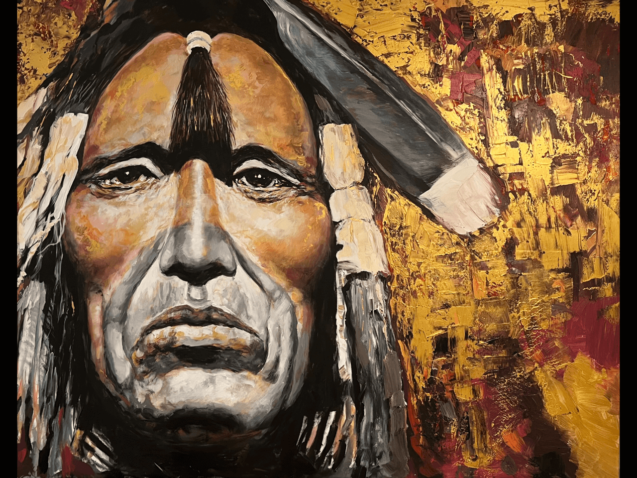 West Coast Native Portrait: Striking painted face adorned with an eagle feather against a vibrant yellow background, available for sale at Paul Ygartua's Gallery.